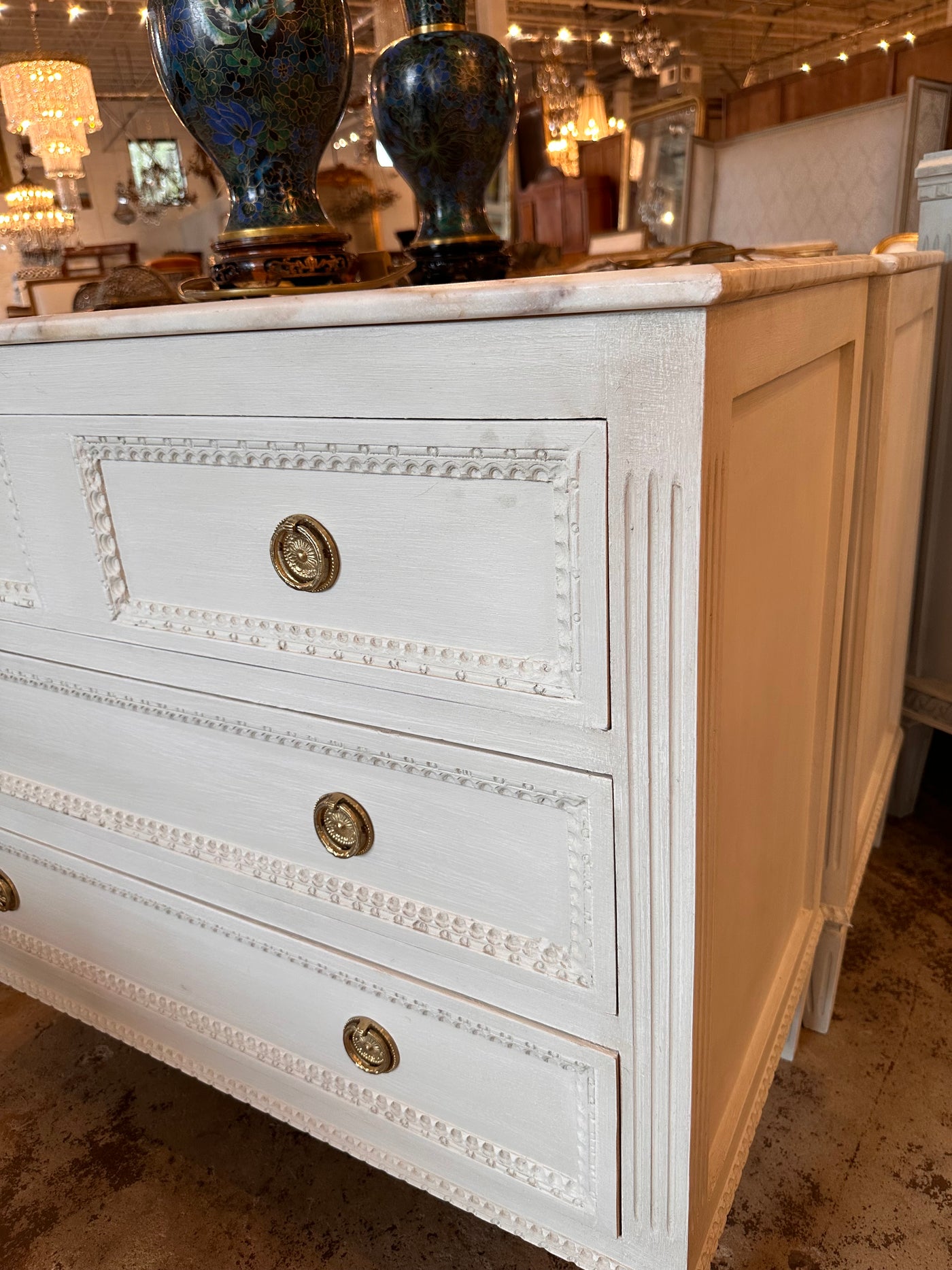 Swedish Beaded Front Marble Top Chest