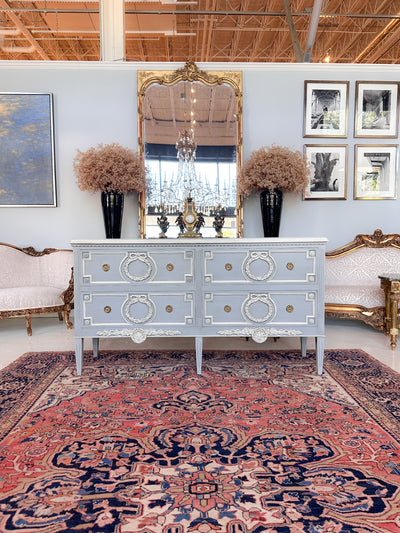 Swedish 4 Drawer Dresser in Soft Blue and White Trim