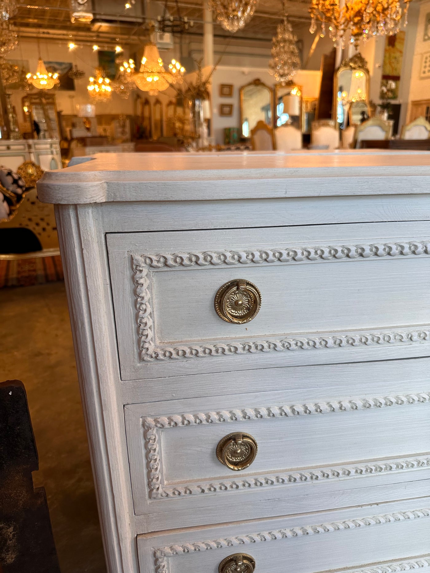 White Swedish Chest with Flower Detail | Le Chateau | European Luxury Furniture in Atlanta