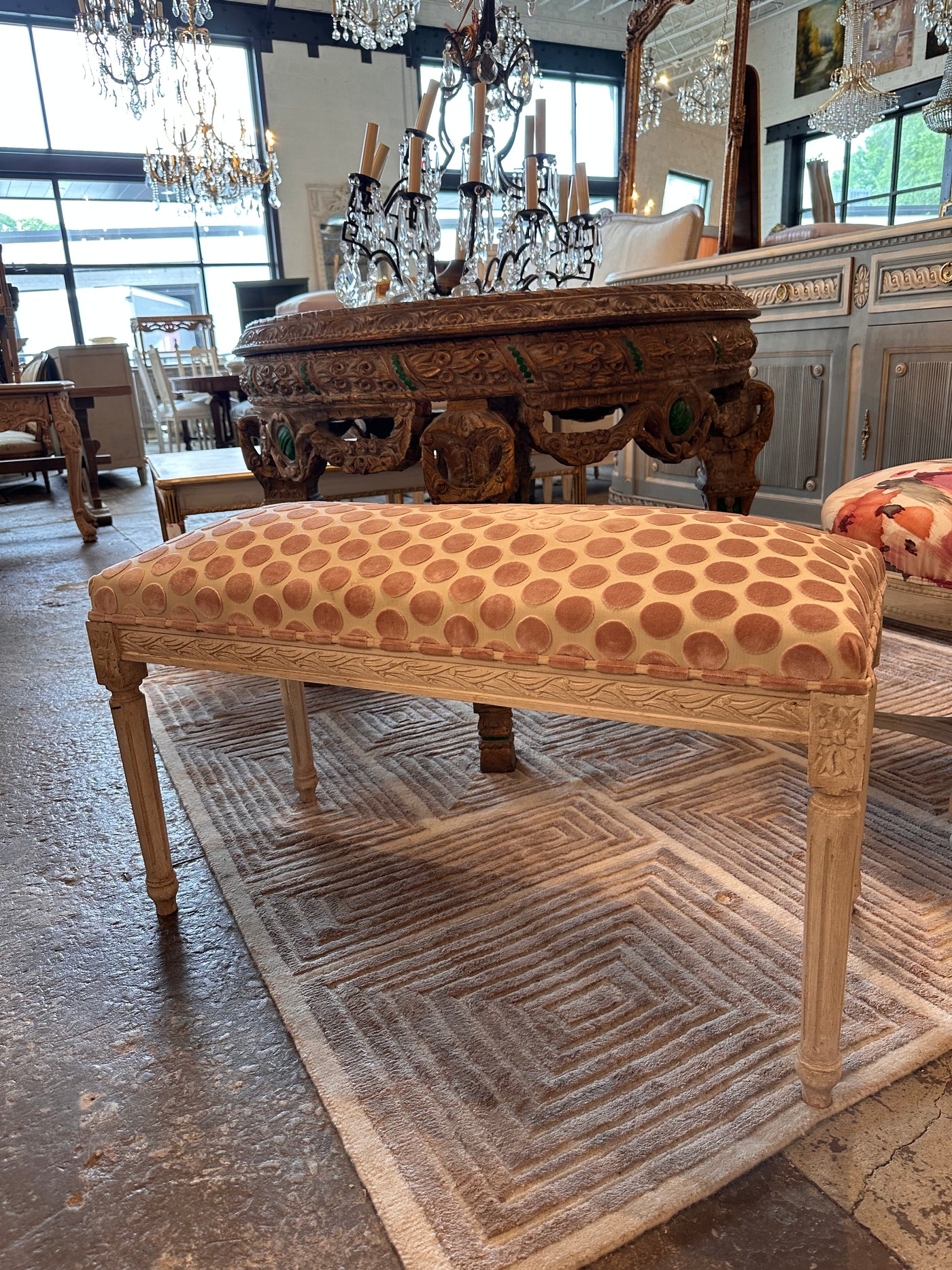 Light Pink Polka Dot Louis XVI Bench | Le Chateau | European Luxury Furniture in Atlanta