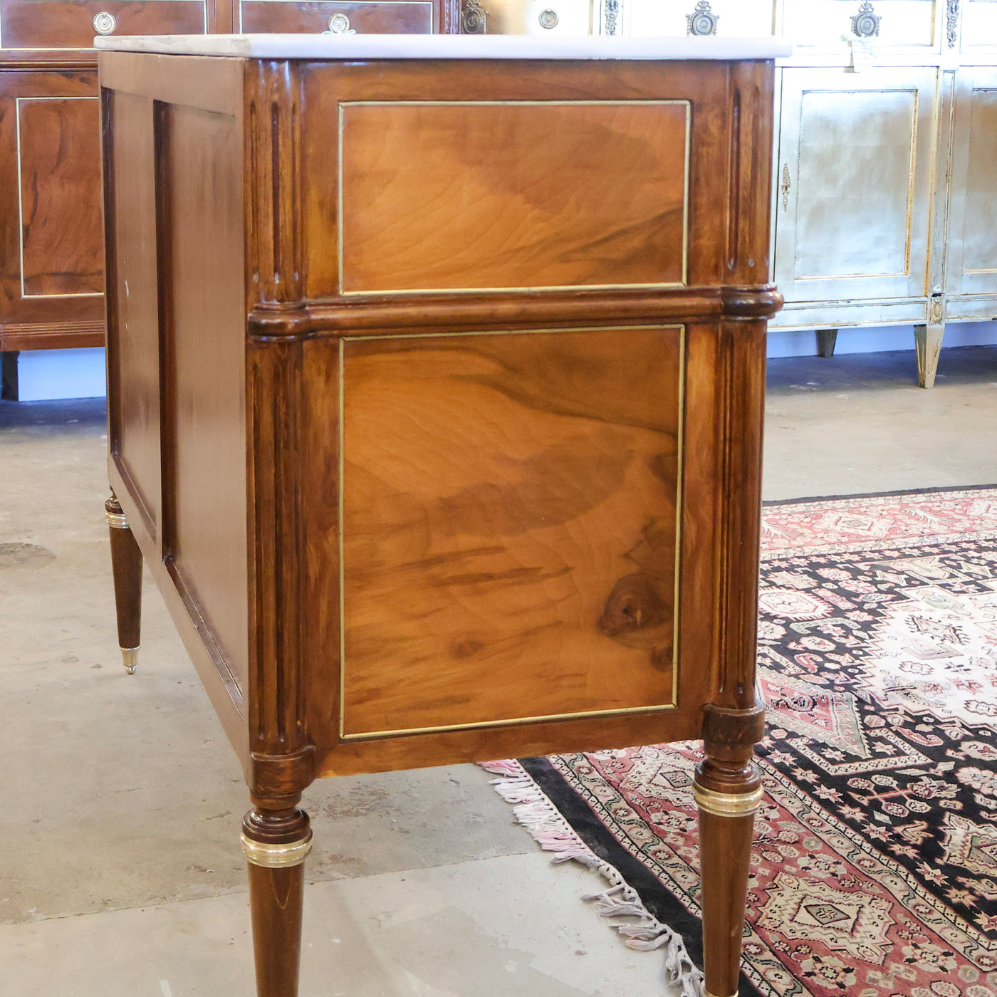 Louis XVI Burl Wood Chest with White Marble Top, Brass Ring Pulls & Tapered Brass Legs