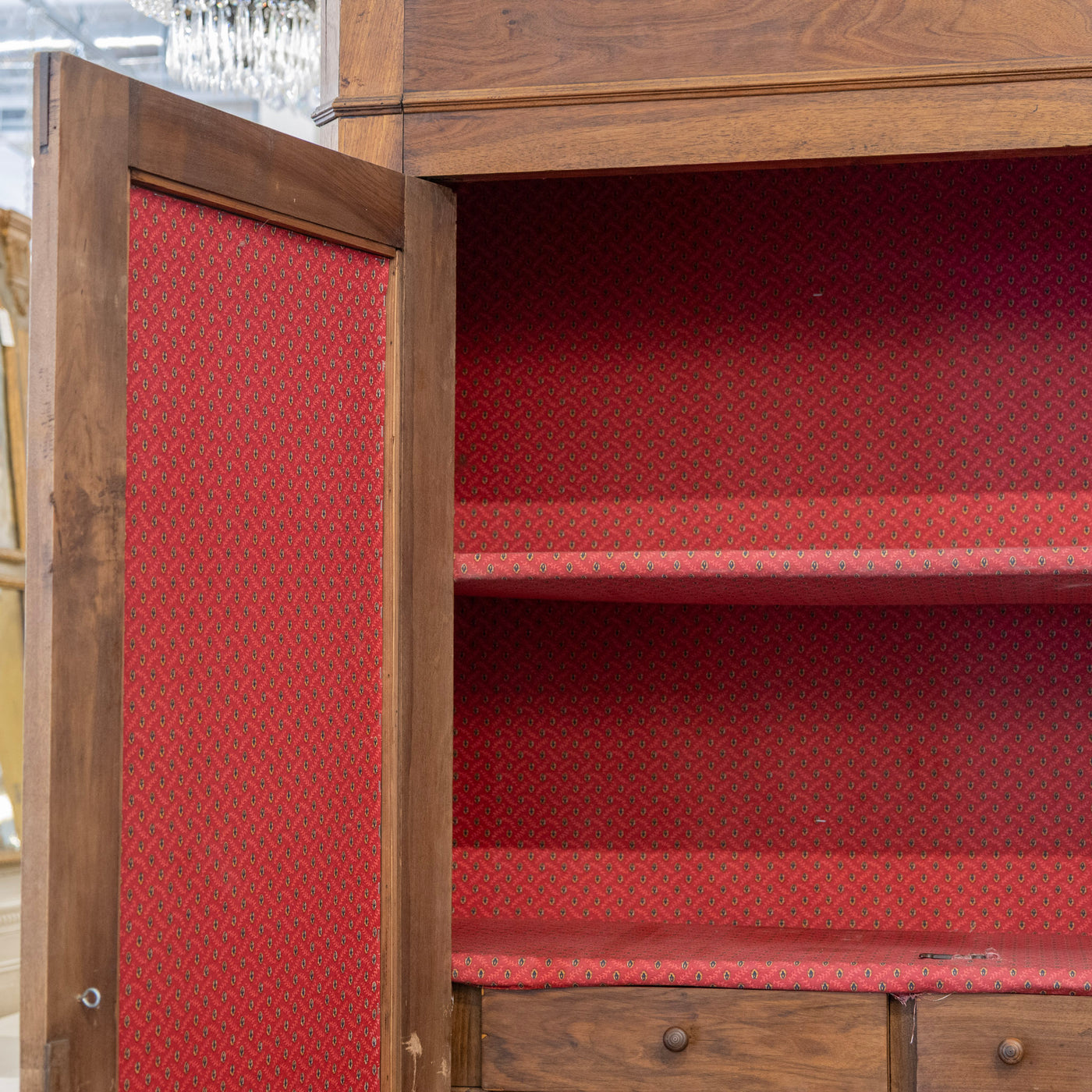 Louis Philippe Walnut Armoire – Original Red Fabric Interior with Shelves & Lower Drawer