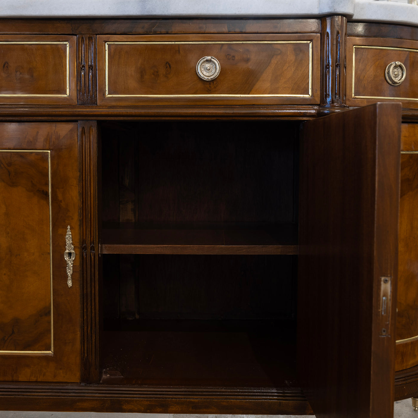Louis XVI Demilune Sideboard – Burl Wood with Marble Top and Gold Accents
