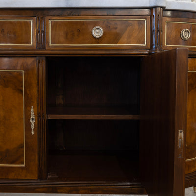 Louis XVI Demilune Sideboard – Burl Wood with Marble Top and Gold Accents