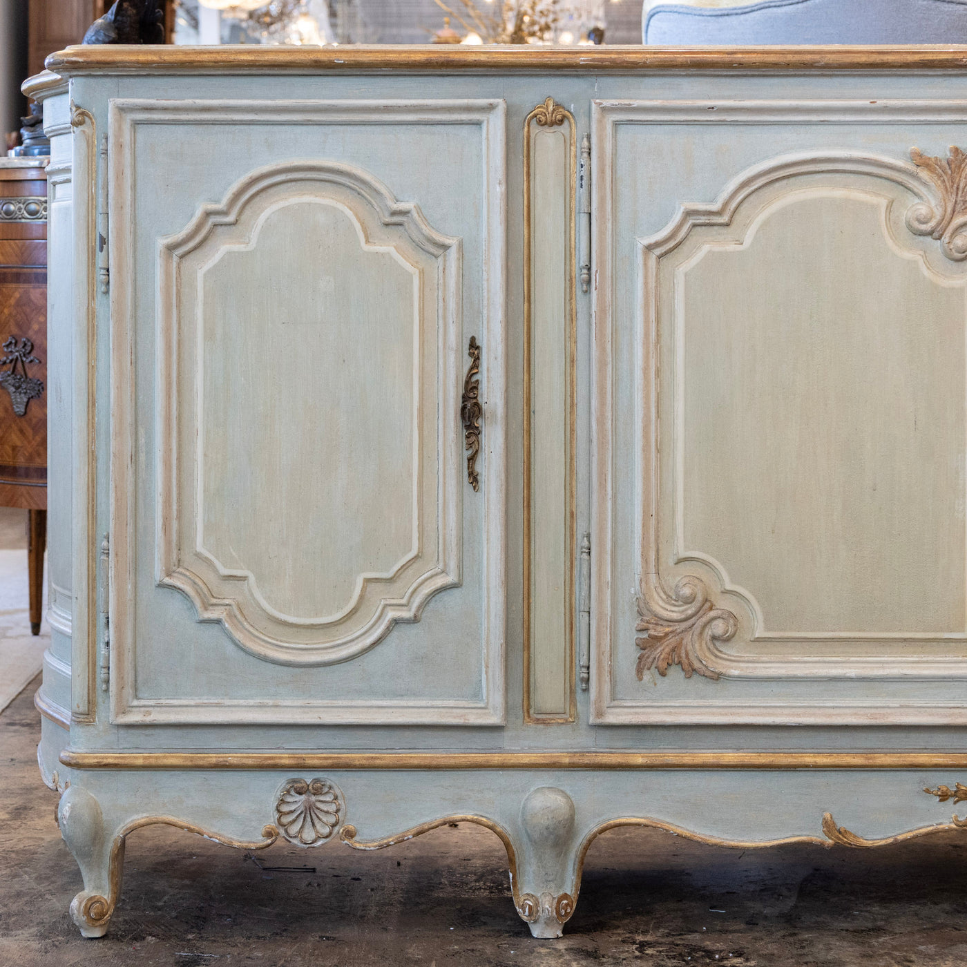 Louis XV Hand-Painted Sideboard – Distressed Finish Blue-Green & Gold Trim