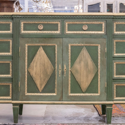 Swedish Painted Ten Drawer Sideboard – Green with Gold Diamond Panels & Trim