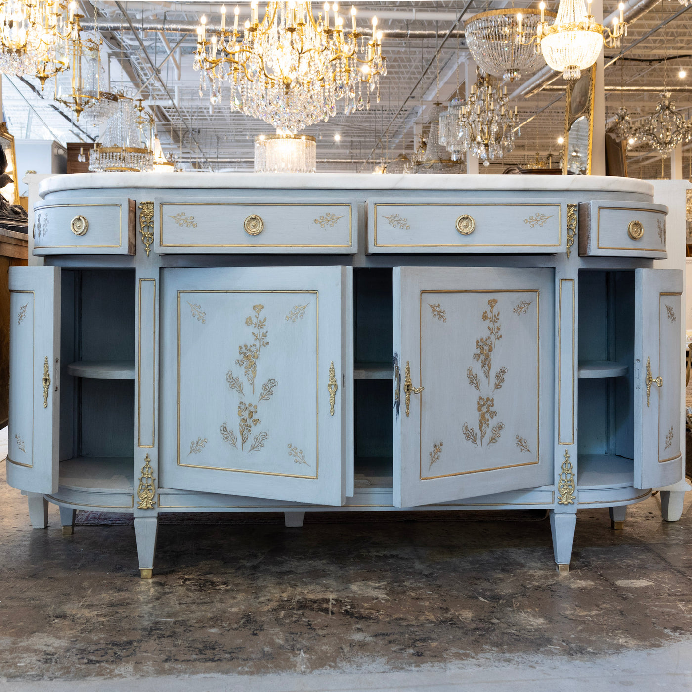 Louis XVI Blue Hand Painted Sideboard – Gilded Floral Detailing & White Marble Top