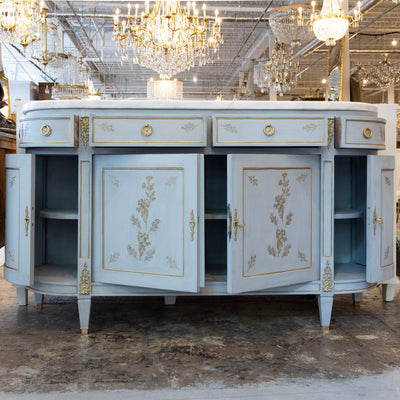 Louis XVI Blue Hand Painted Sideboard – Gilded Floral Detailing & White Marble Top