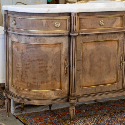 Louis XVI Demilune Sideboard – Stripped Burl Wood with White Marble Top
