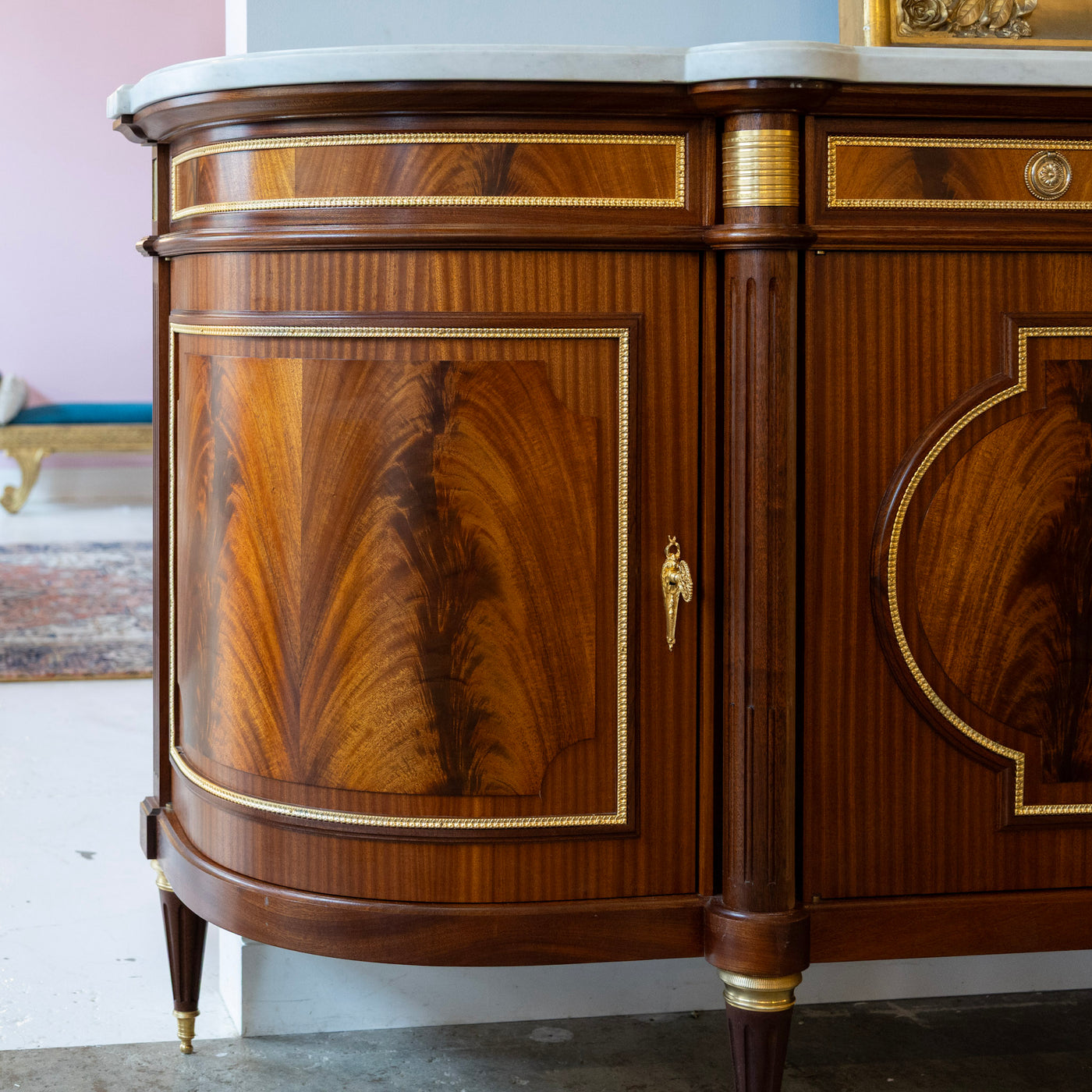 Louis XVI Burl Wood Demilune Sideboard – Gilded Bronze Accents & White Marble Top