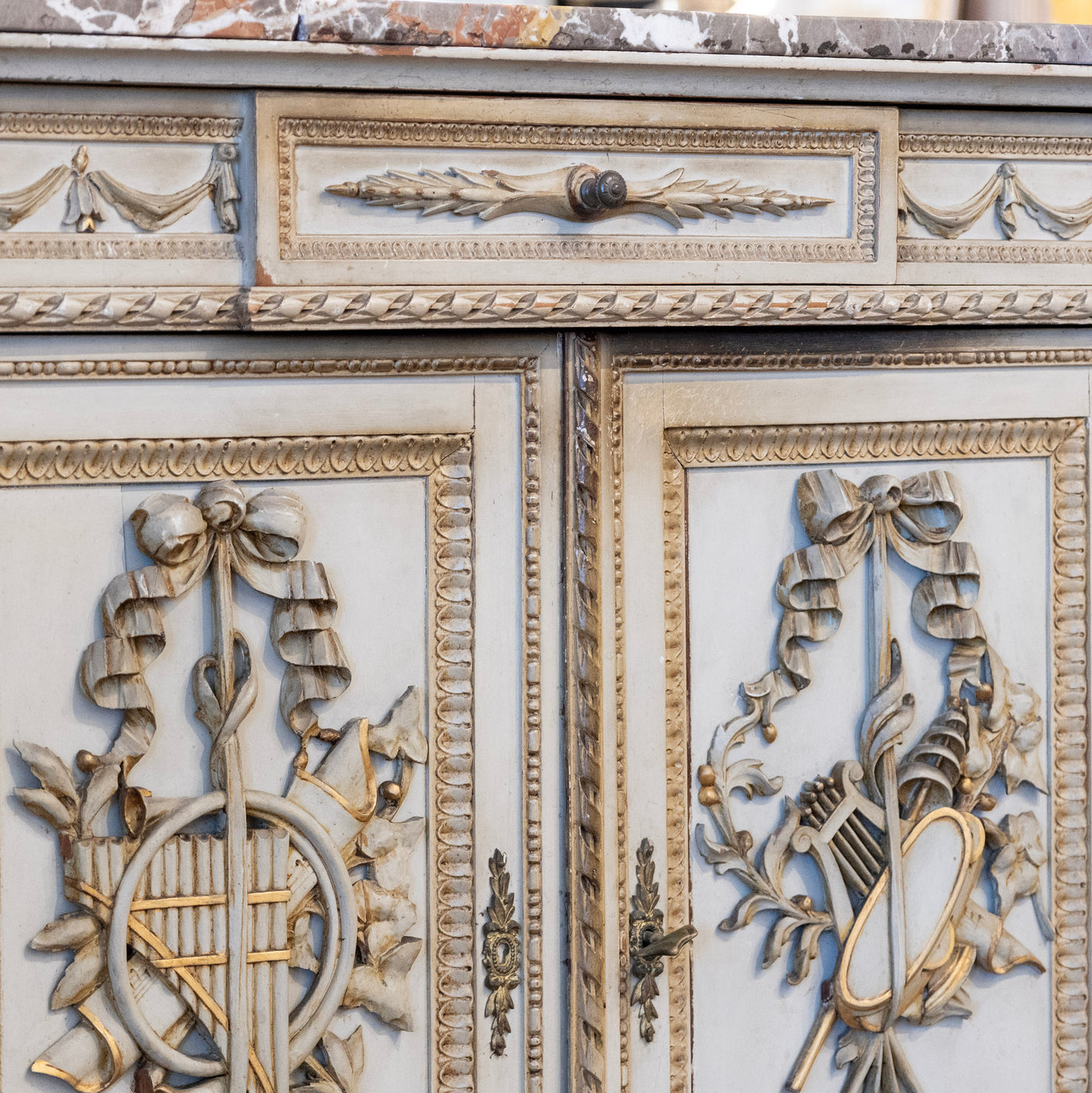 Louis XVI Sage Green Gilded Sideboard – Musical Ribbon Carvings & Breccia Marble Top