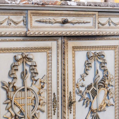Louis XVI Sage Green Gilded Sideboard – Musical Ribbon Carvings & Breccia Marble Top