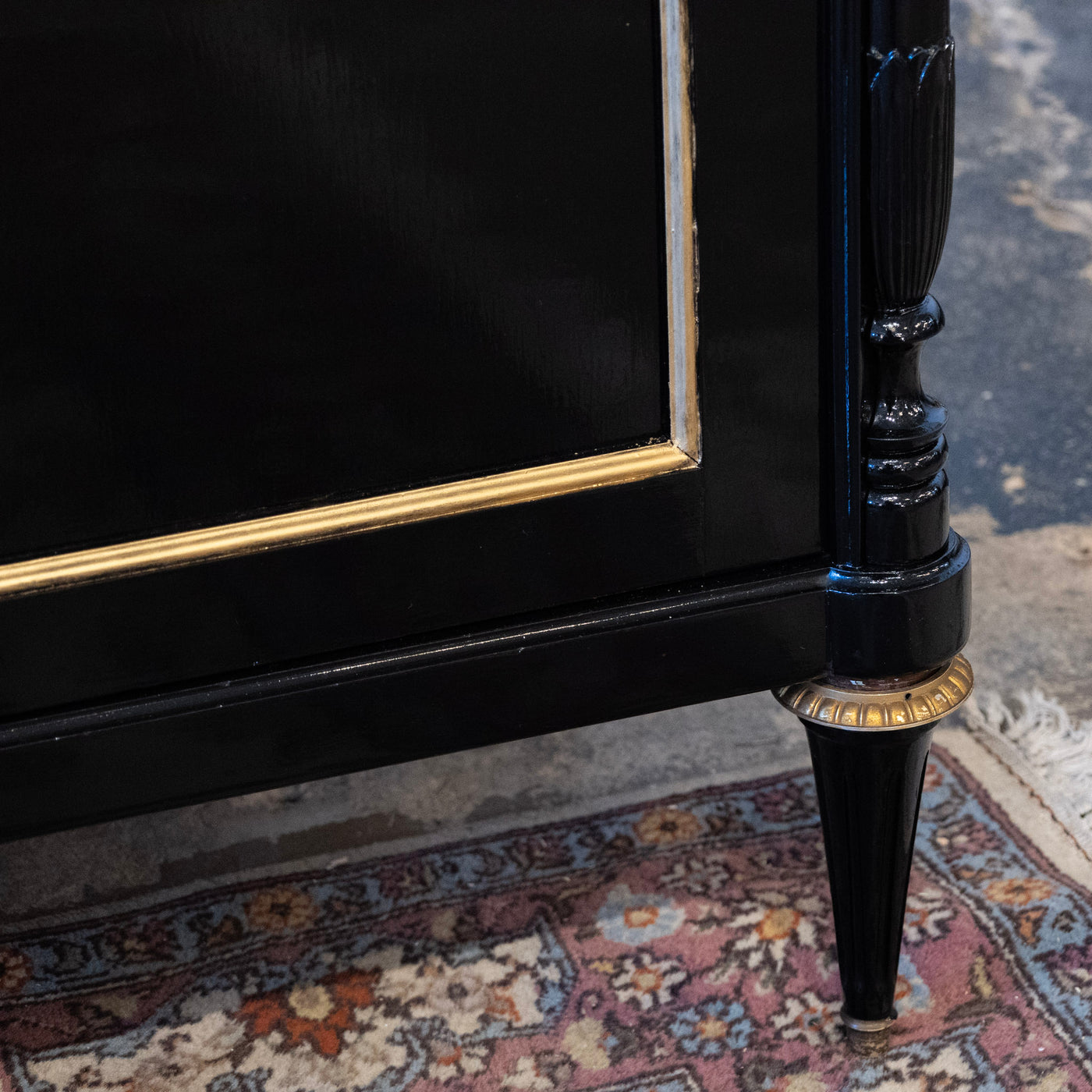Louis XVI Black Lacquer Sideboard – Gold Inaly & White Marble Top