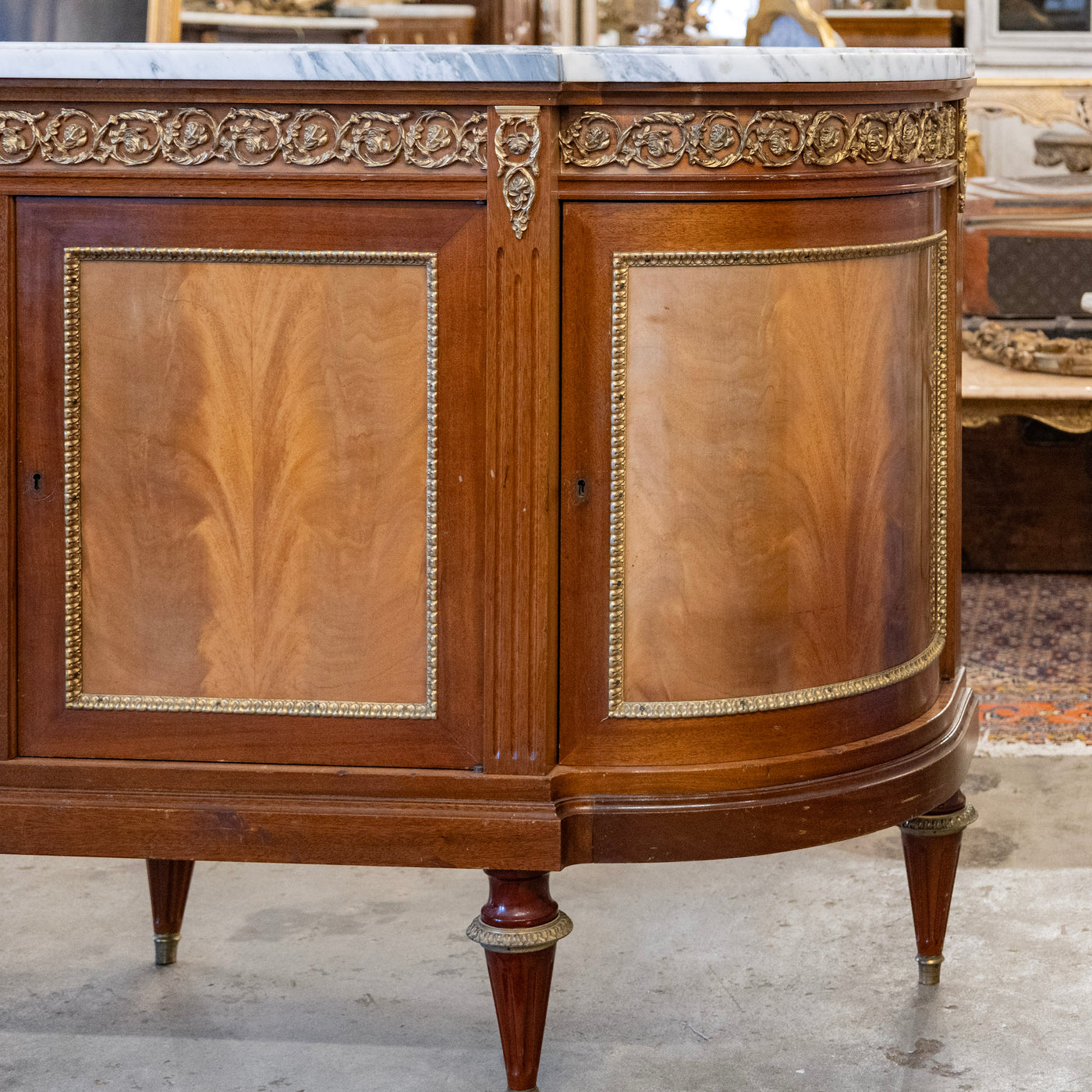 Louis XVI Mahogany Demilune Sideboard – Bronze Laurel Trim & White Marble Top