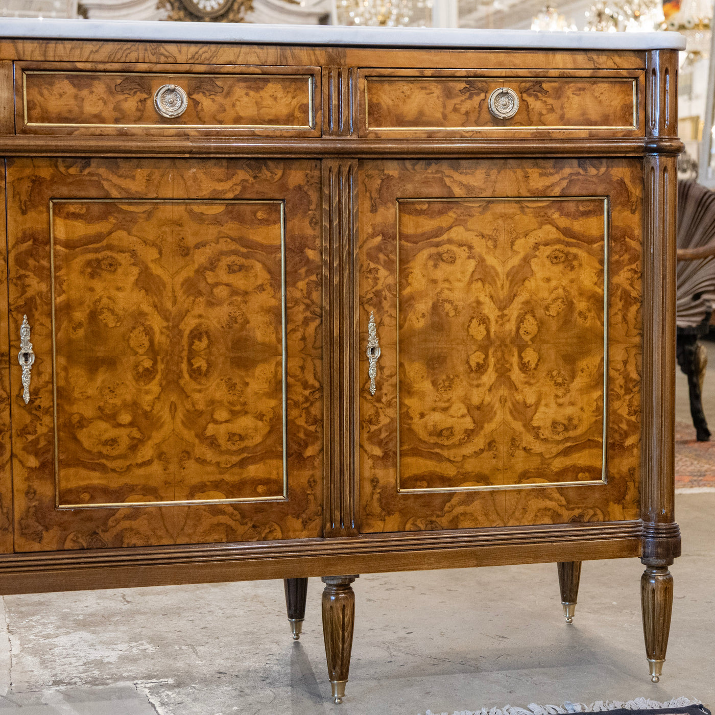 Louis XVI Burl Wood Sideboard with Brass Hardware & White Marble Top