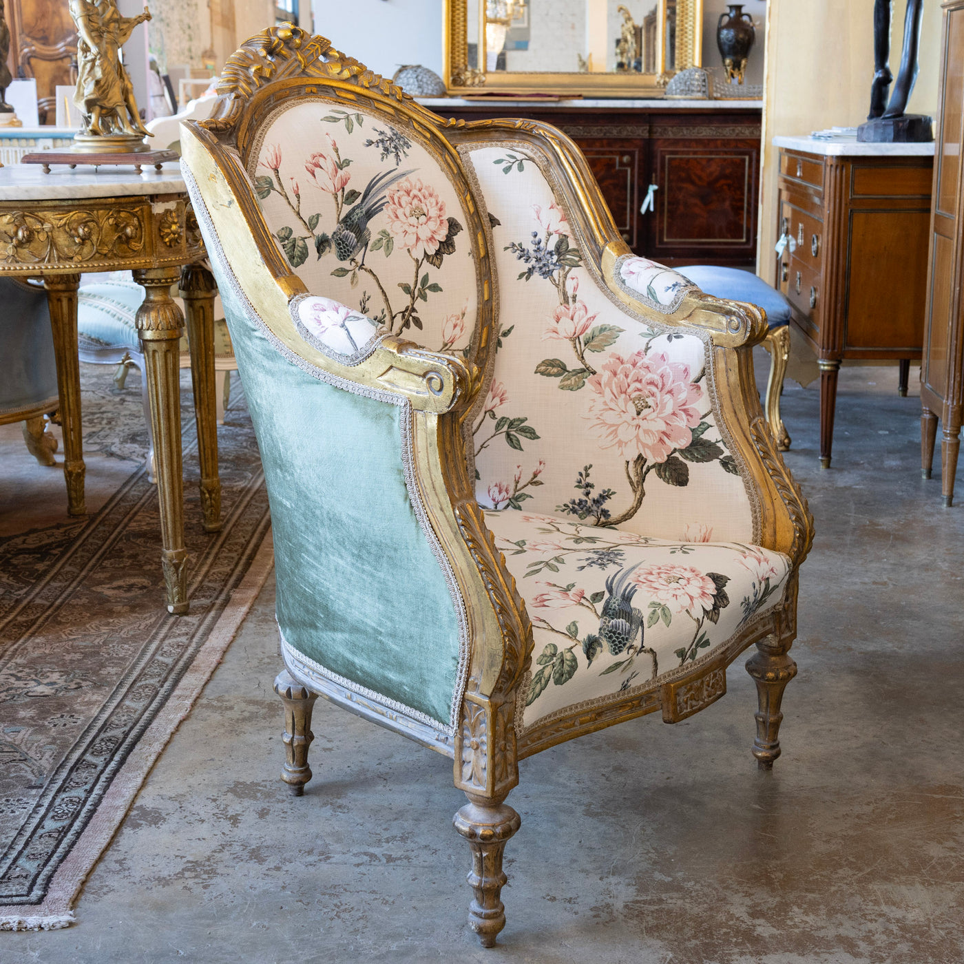 Louis XVI Gilded Bergère Chair – Chinoiserie Floral Linen & Green Velvet Upholstery