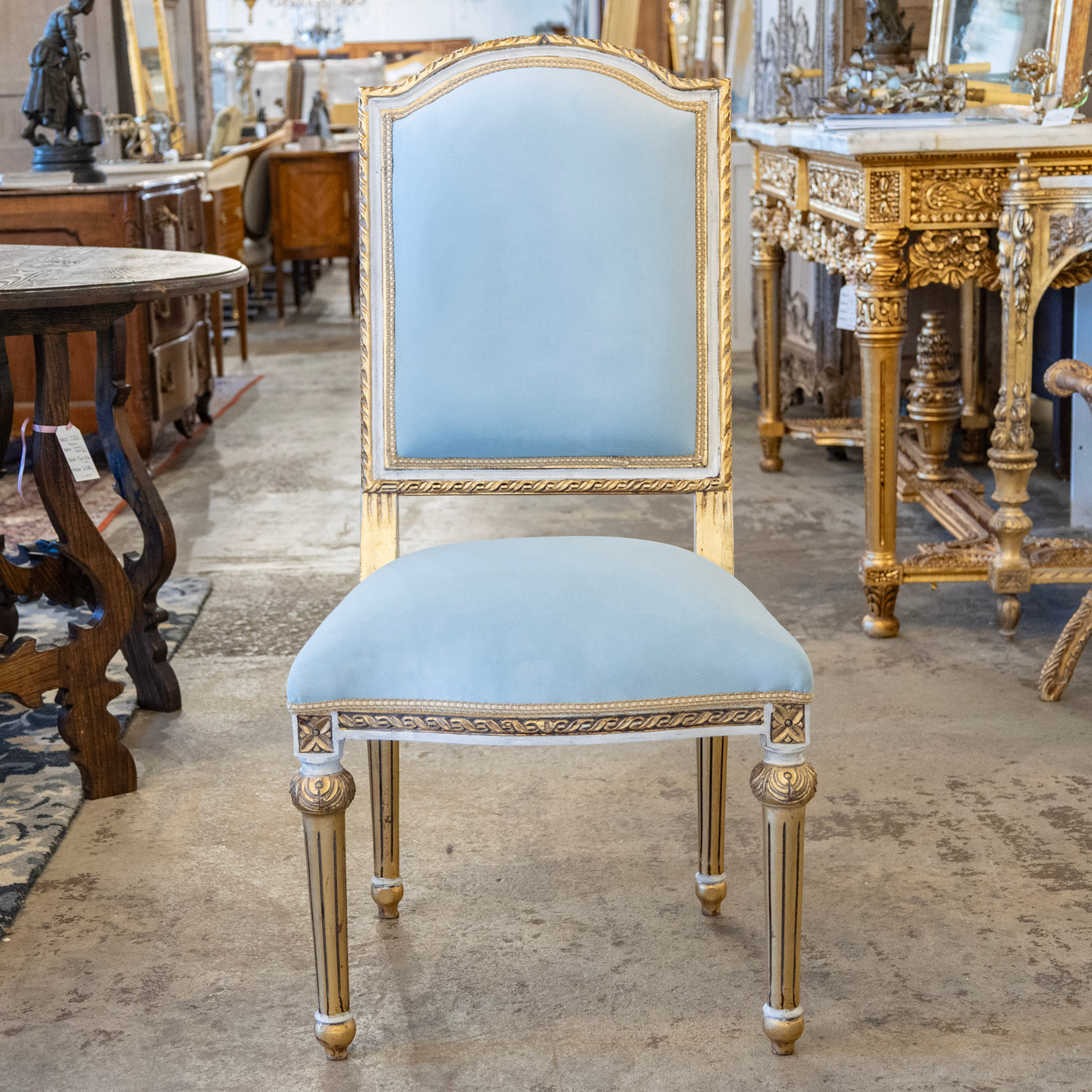 Louis XVI Square Dining Chair – Gold & White Trim with Blue Velvet