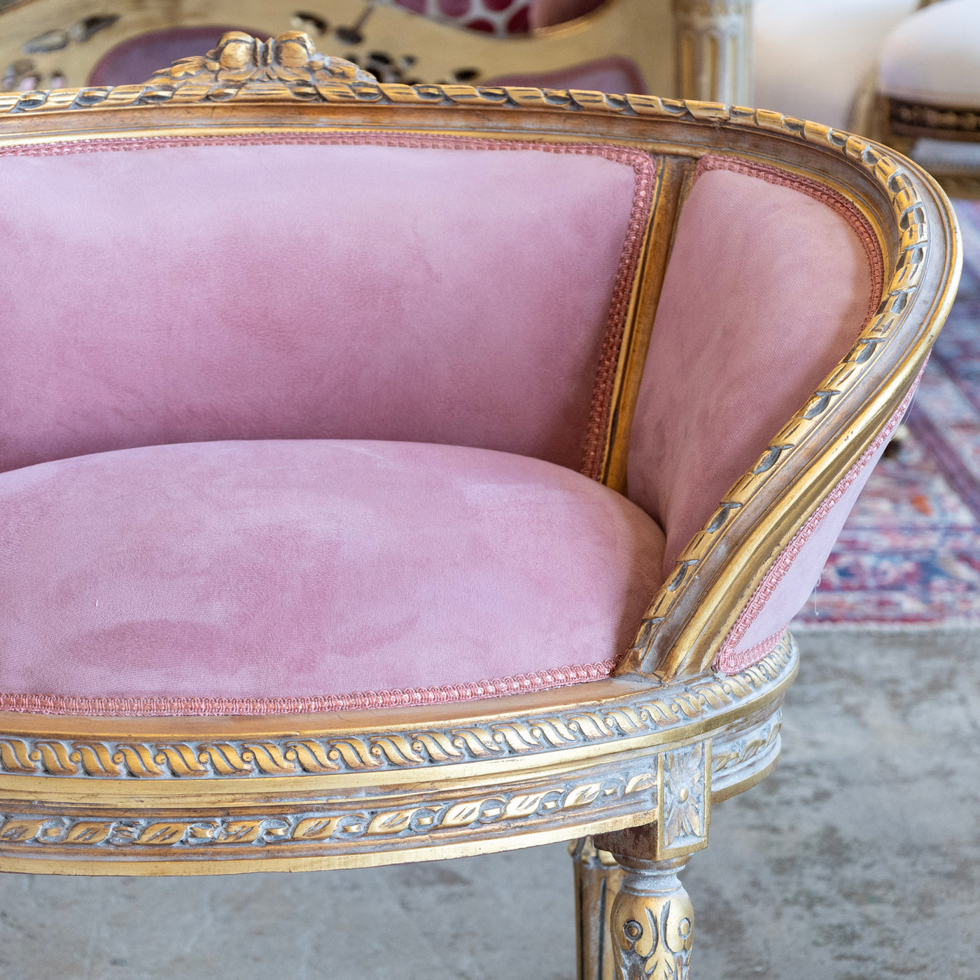 Pair of Louis XVI Petite Gilded Bergère Chairs – Velvet Deep Rose Upholstery - Accent Chairs | Le Chateau (Atlanta, GA) • 6