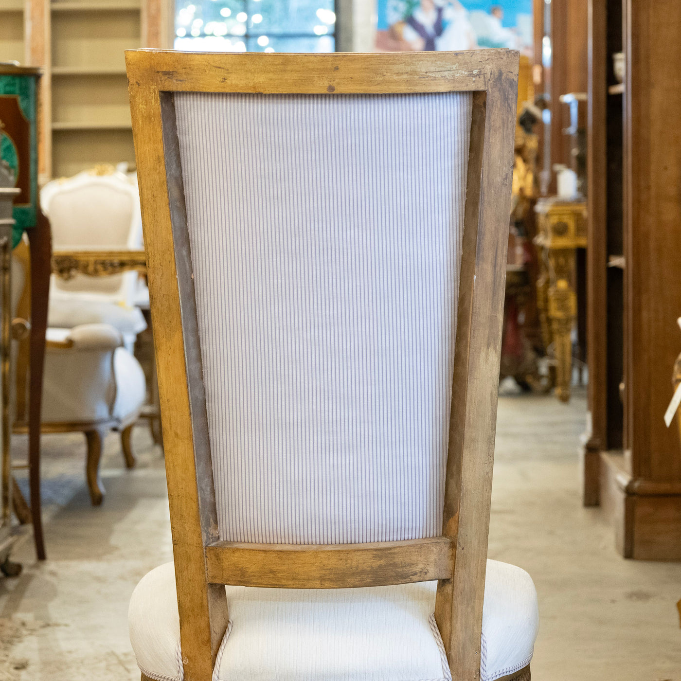 Louis XVI Tall Back Gilded Dining Chair – White Linen Upholstery