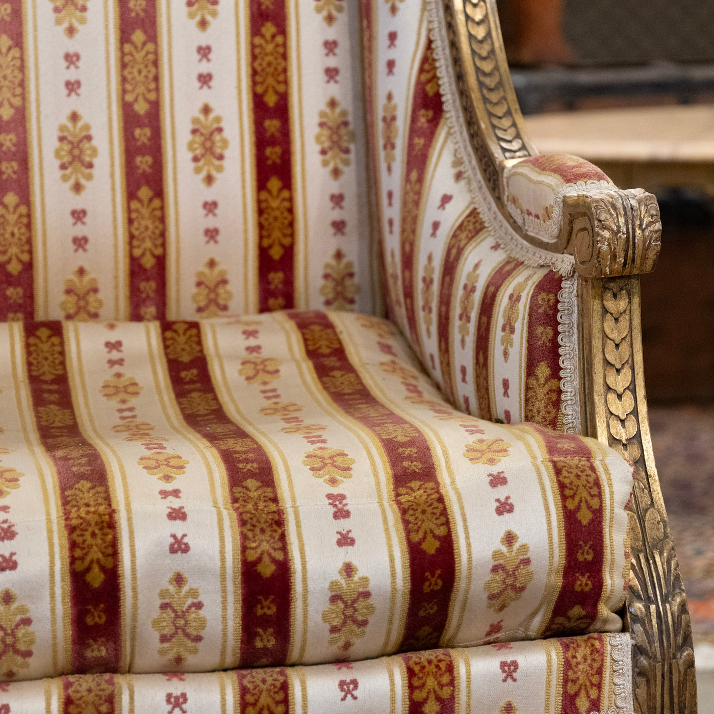 Pair of Louis XVI Gilded Armchairs – Striped Damask Upholstery