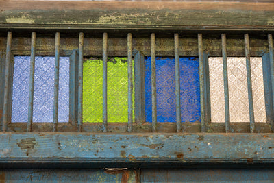 Blue Painted Double Doors – Distressed Finish with Stained Glass Transom - Door | Le Chateau (Atlanta, GA) • 9