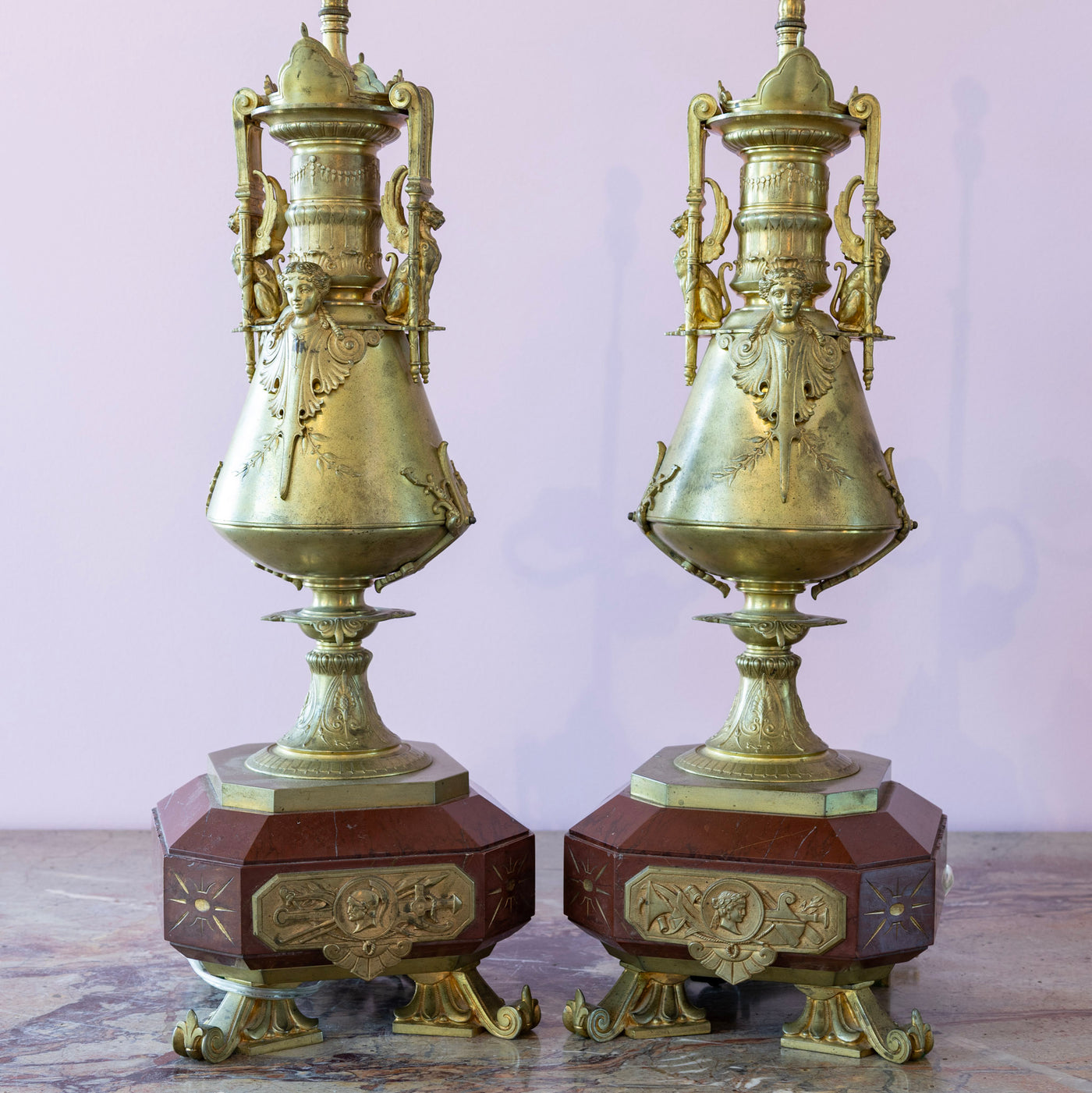 Pair of Carved Gilded Lamps – Red Marble Base