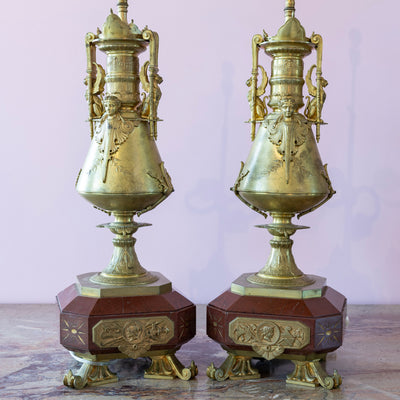 Pair of Carved Gilded Lamps – Red Marble Base
