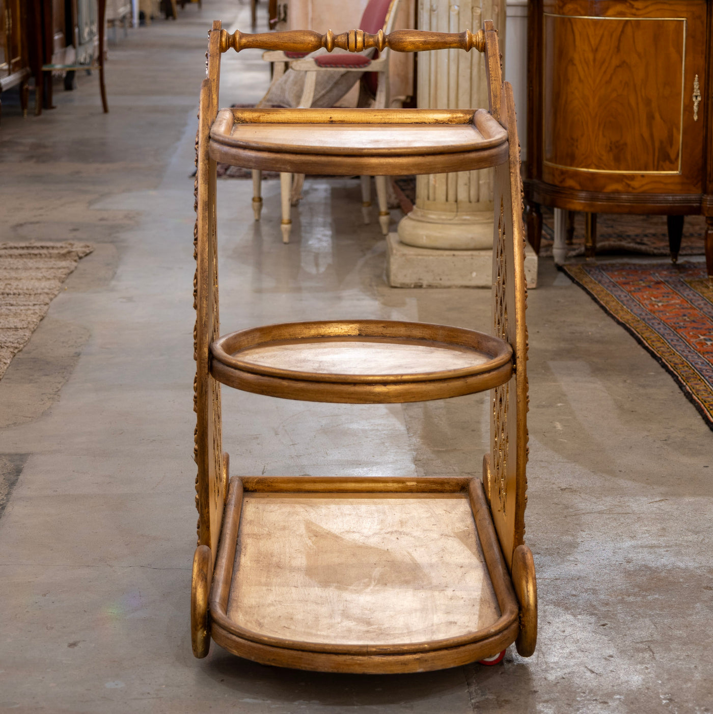 Gilded Italian Bar Cart – Carved Leaf Motifs & Lattice Paneling