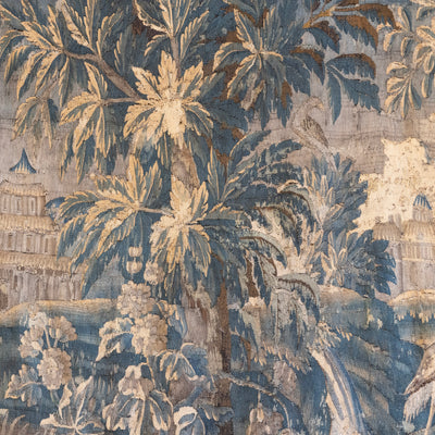 Antique French Flemish Tapestry – Handwoven Verdure Scene with Birds & Architecture