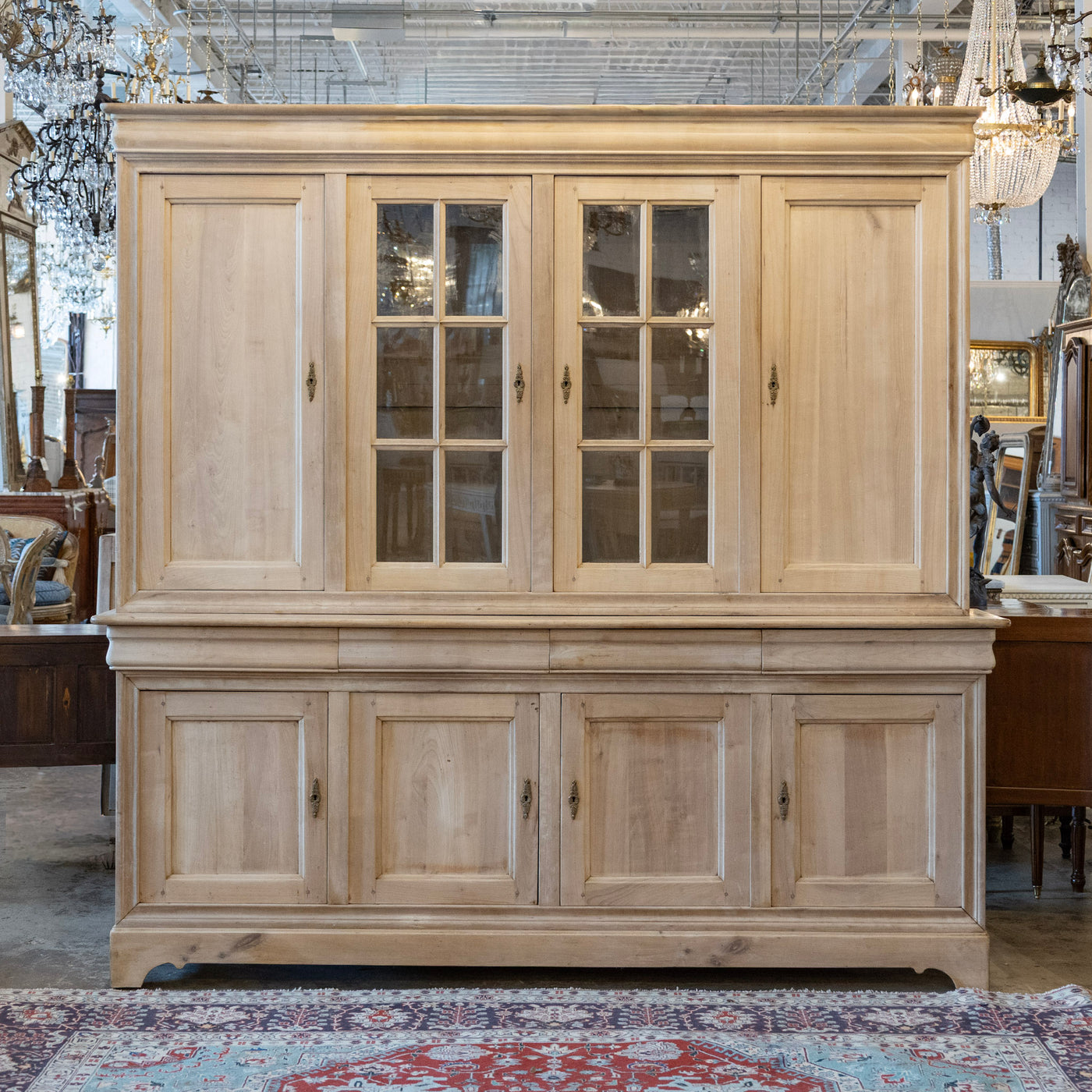 Louis Philippe Breakfront Cupboard – Light Wood Finish with Glass Panel Doors