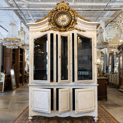 Louis XV Cupboard – Distressed White Finish & Clock Crest