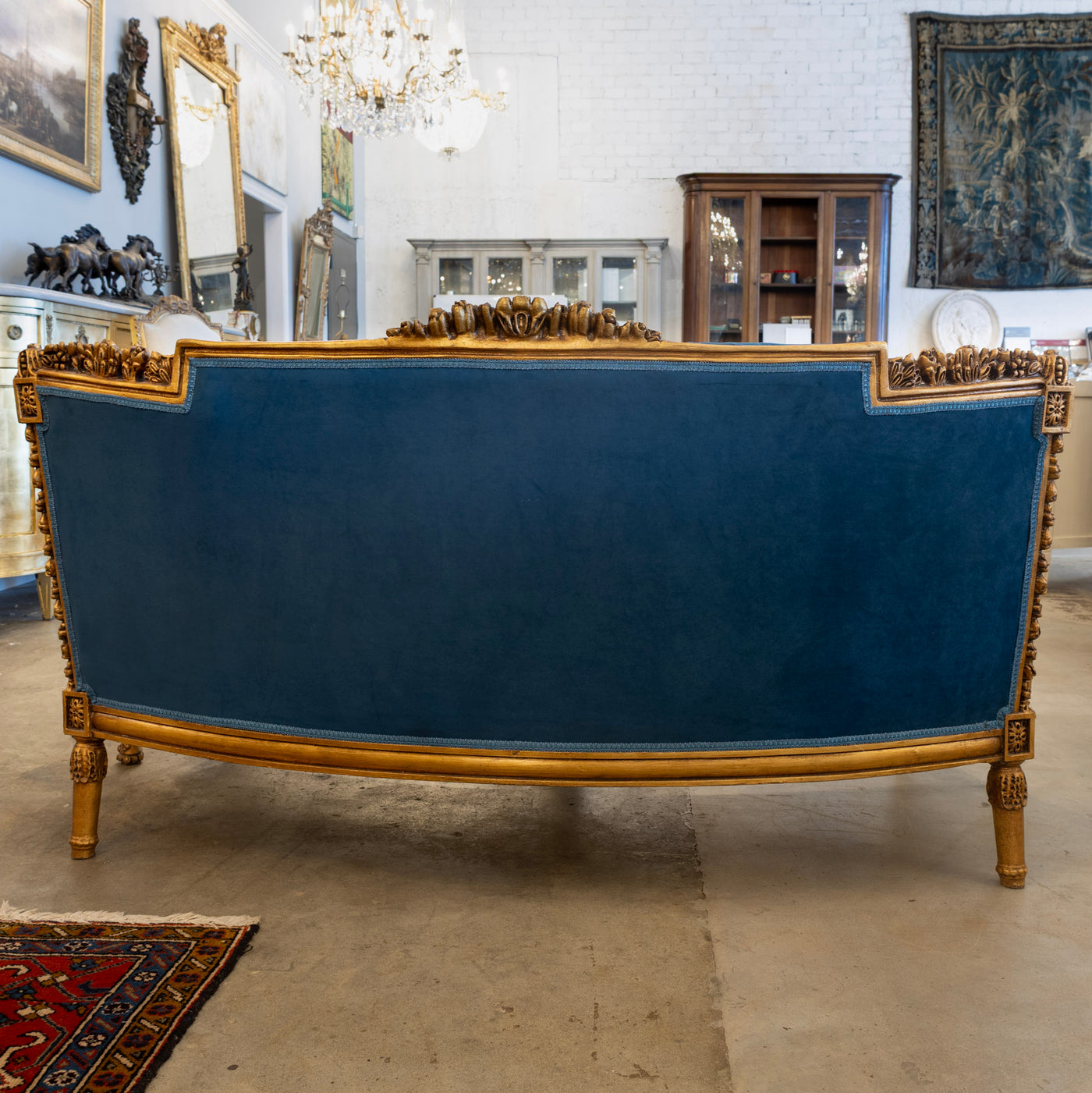 Louis XVI Gilded Sofa – Carved Detailing & Dark Blue Velvet Upholstery