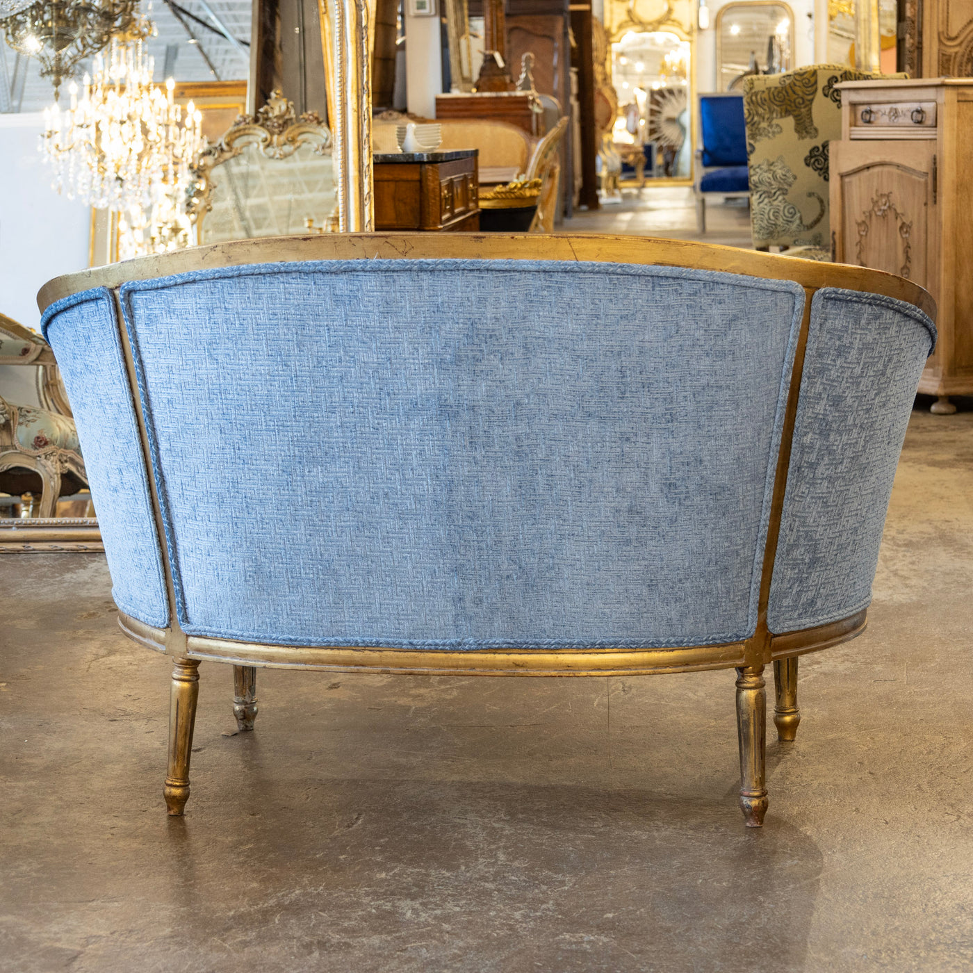 Louis XVI Round Settee – Gilded Frame & Greek Key Blue Velvet