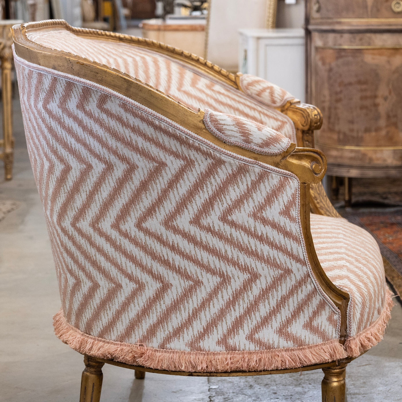 Louis XVI Gilded Settee – Pink Chevron Upholstery