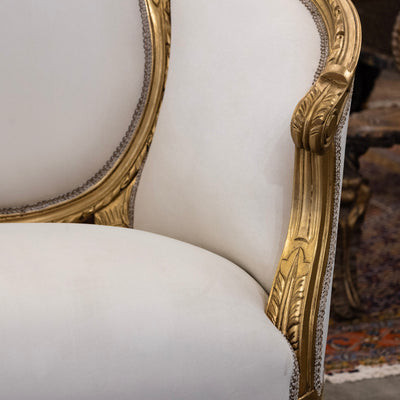 Louis XVI Gilded Settee – White Velvet Upholstery