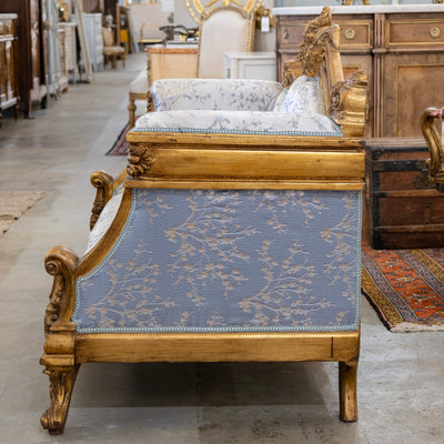 Italian Gilded Sofa – Carved Detailing & Pale Blue Silk-Weave Floral Upholstery