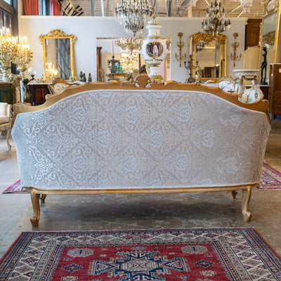 Louis XV Gilded Sofa – Carved Frame & Cream Damask Upholstery