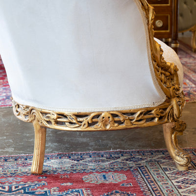 Louis XV Gilded Sofa – Carved Trim & Cream Velvet Textured Upholstery