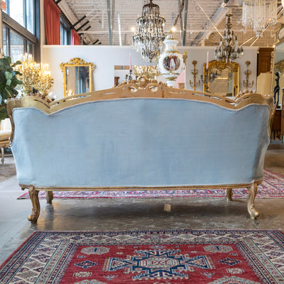 Louis Gilded XV Sofa – Baby Blue Velvet Upholstery