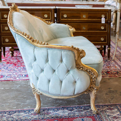 Louis XV Gilded Sofa – Carved with Tufted Pale Aqua Velvet Upholstery