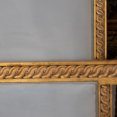 Louis XVI Gilded King Size Bed Set – Carved Frame & Posts with Powder Blue Velvet