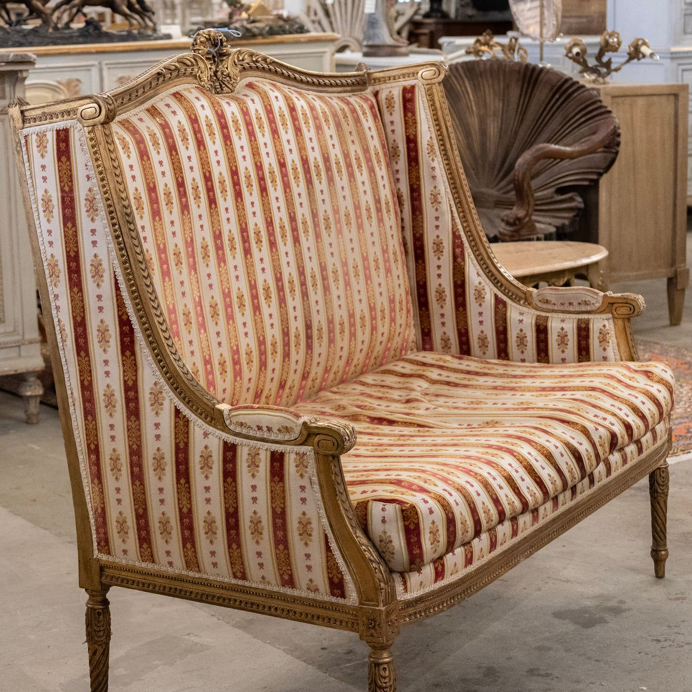 Louis XVI Carved Gilded Settee – Striped Damask Upholstery