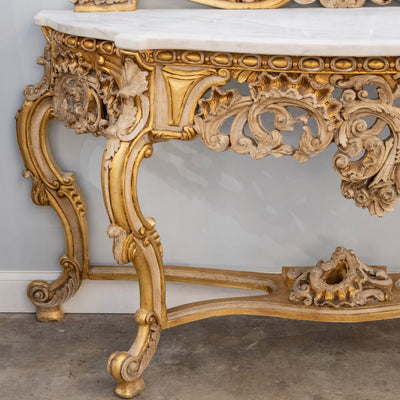 Gilded Rococo Mirror & Console – Ornate Hand-Carved Scrollwork & White Marble Top
