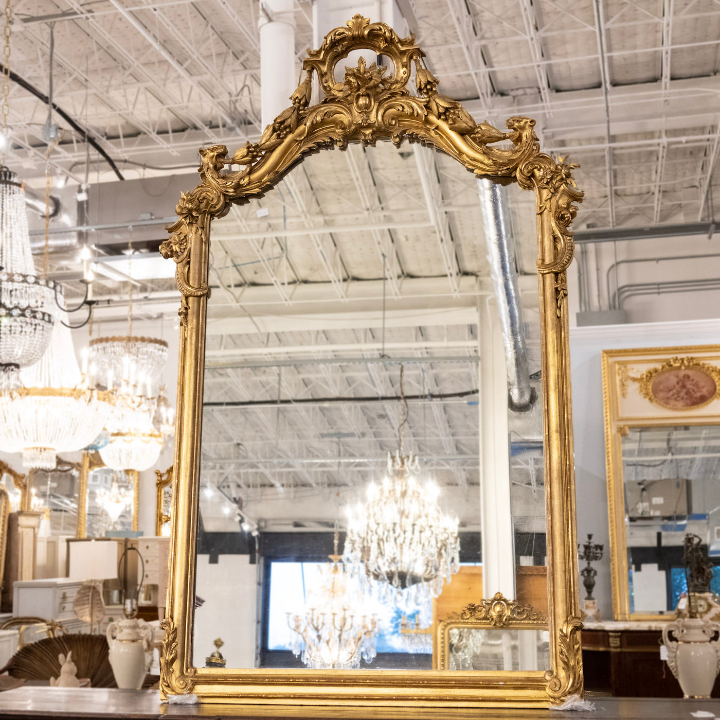 Grand 17th Century French Gilded Mirror – Ornate Rococo Crest & Floral Carvings