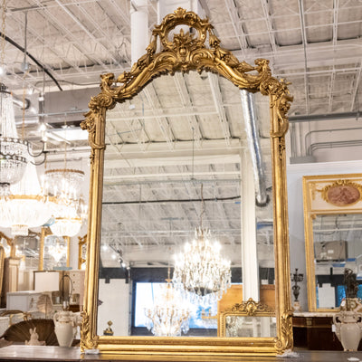 Grand 17th Century French Gilded Mirror – Ornate Rococo Crest & Floral Carvings