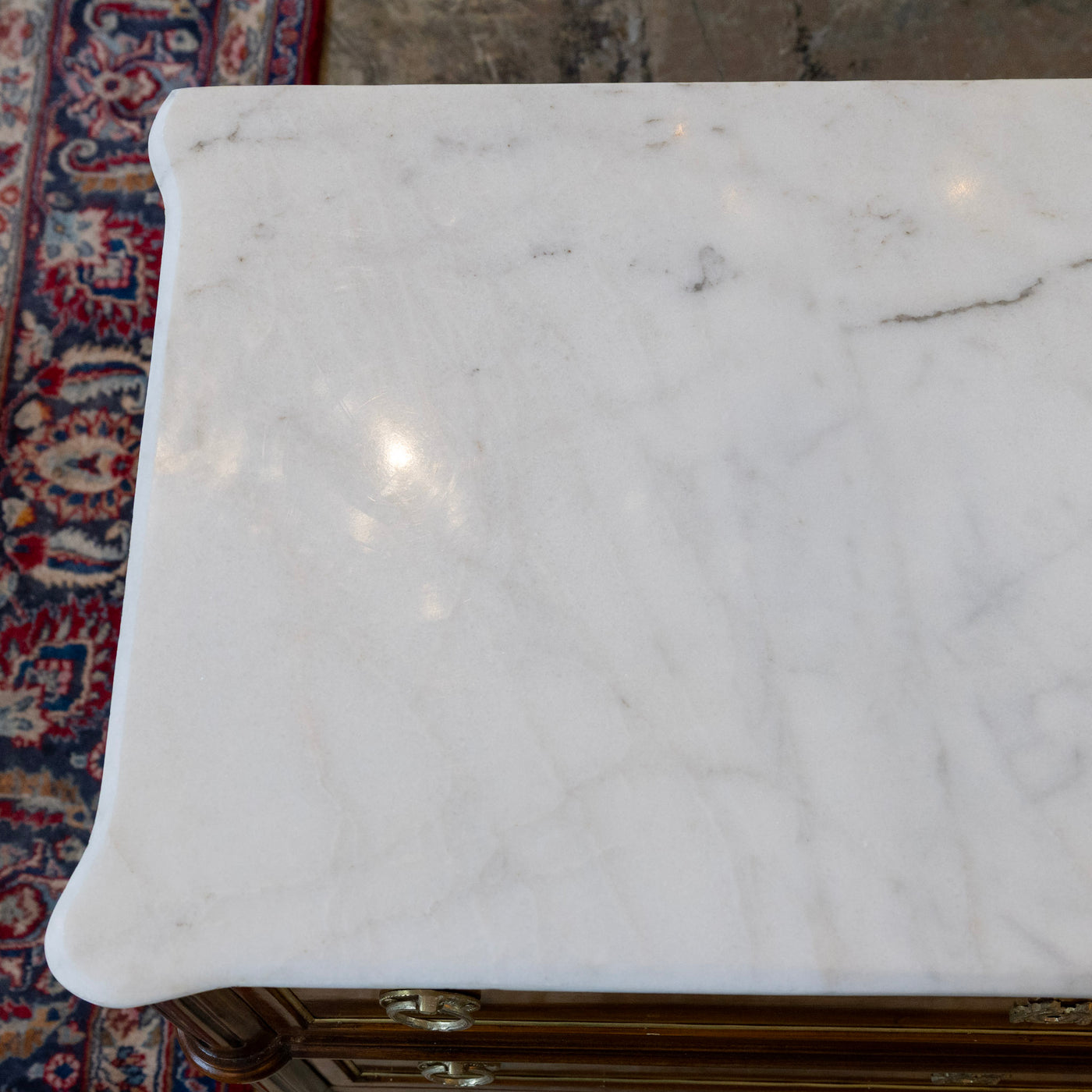 Louis XVI Burl Wood Nightstand – Gold Inlay & White Marble Top