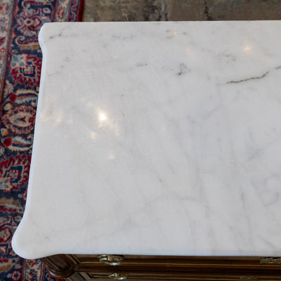 Louis XVI Burl Wood Nightstand – Gold Inlay & White Marble Top