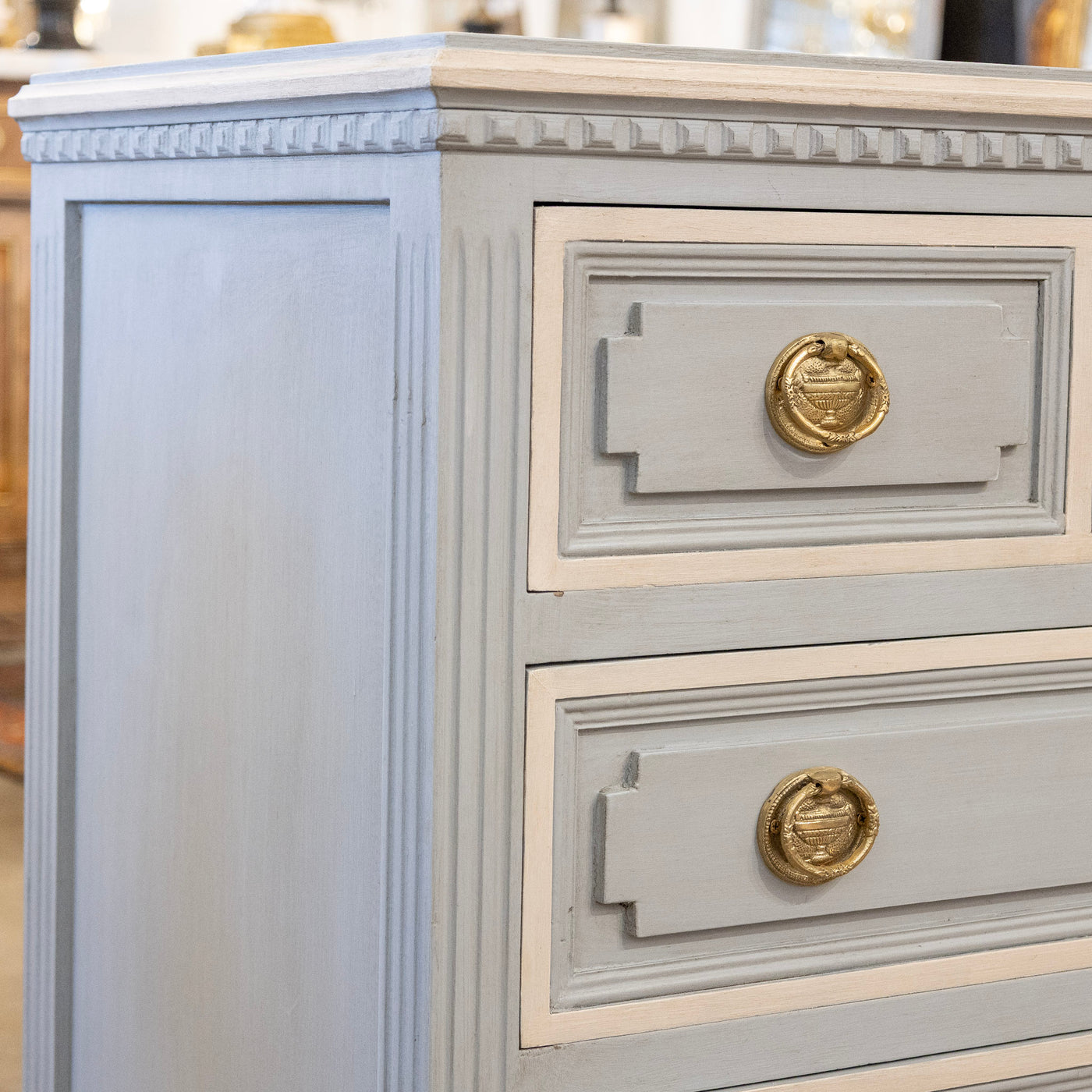 Swedish 3-Drawer Chest in French Blue – Carved Floral Detailing & White Trim