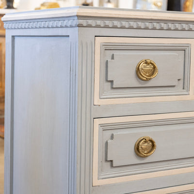 Swedish 3-Drawer Chest in French Blue – Carved Floral Detailing & White Trim