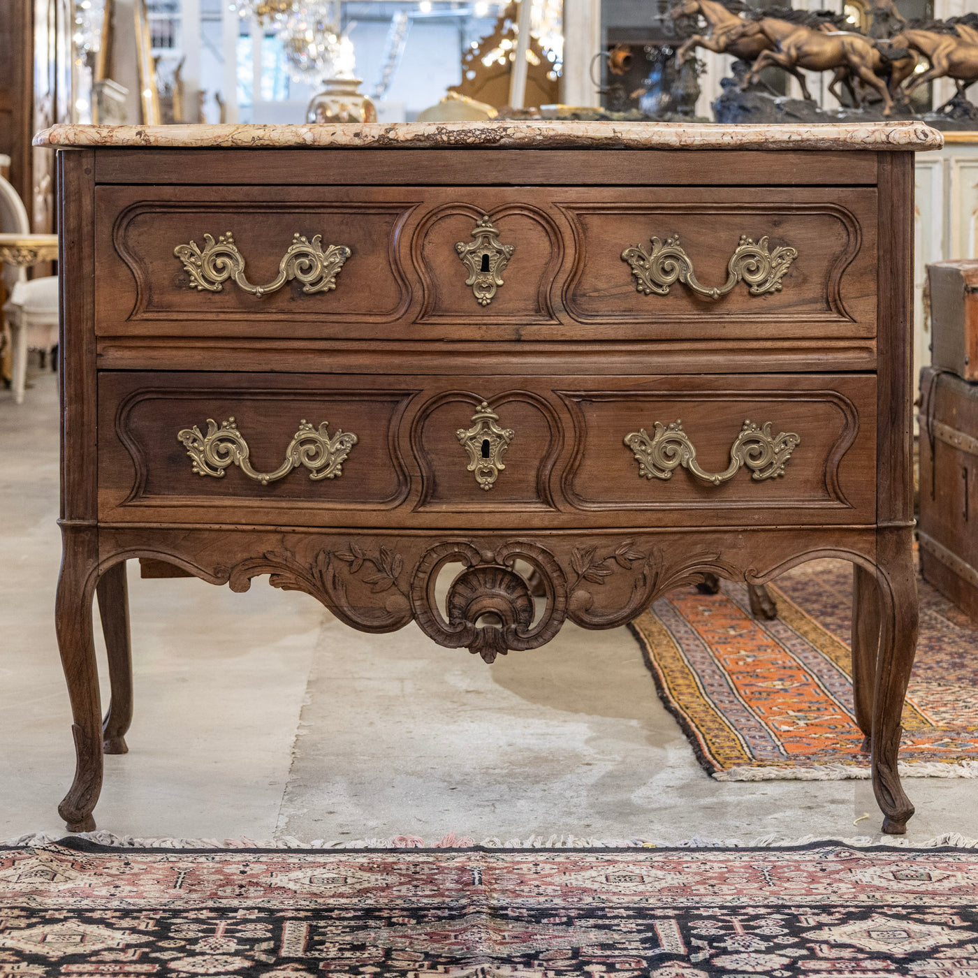 Louis XV 18th Century Walnut Chest – Carved Apron & Breccia Pernice Marble Top